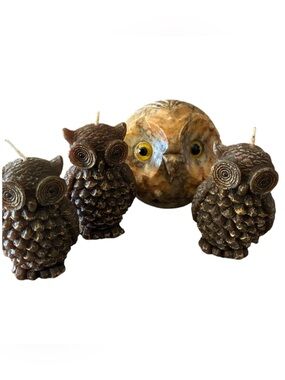 Italian Alabaster OWL PLUS 3 Candles owl Hand Carved VTG W/ Yellow Glass Eye